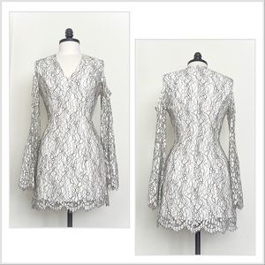 Keepsake white and black floral fitted lace dress cold shoulder long bell sleeve